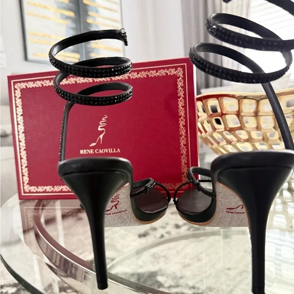 🤩✨RENE CAOVILLA Cleo Snake embellished sandal black leather rhinestone heels 9 - Picture 5 of 13